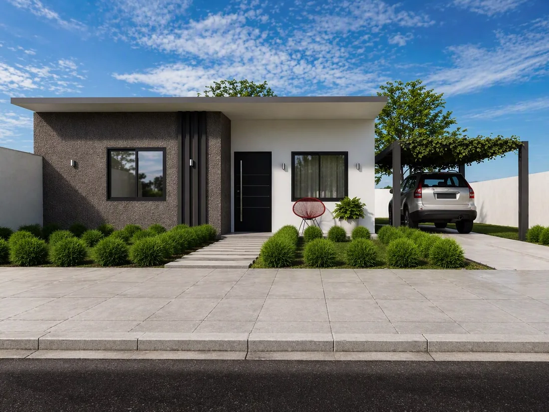 Vivienda de una planta con pérgola y jardín